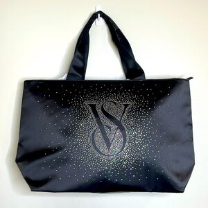 Victoria’s Secret Black Polyester Iridescent Crystal Logo Tote Bag NWT